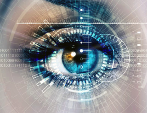 A close-up of a blue eye with digital and futuristic overlays.