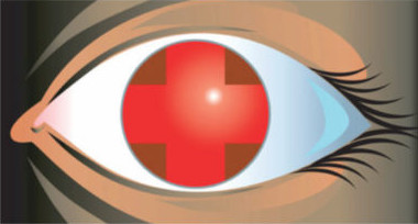 Eye with a red cross symbol in the pupil.